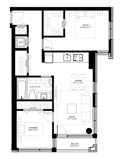 Floor plan for 2 beds, 1 bath, 735 sqft